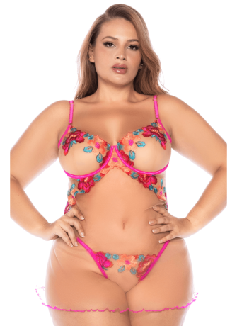 Nuisette grande taille en résille et dentelle florale rose et string assorti - MAL7609XSEGA